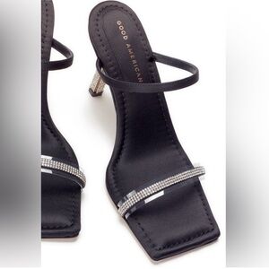 NEW GOOD AMERICAN Embellished Heels Black Main Satin Neoprene Gold+Diamond Heels